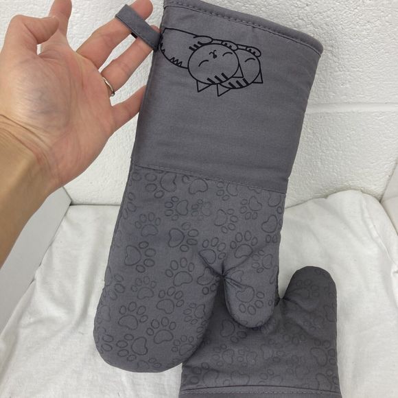 1 Pair Gray Cotton Long Silicone Paw print Cat Oven Mitts Cat Lovers gift Choice - Picture 12 of 15